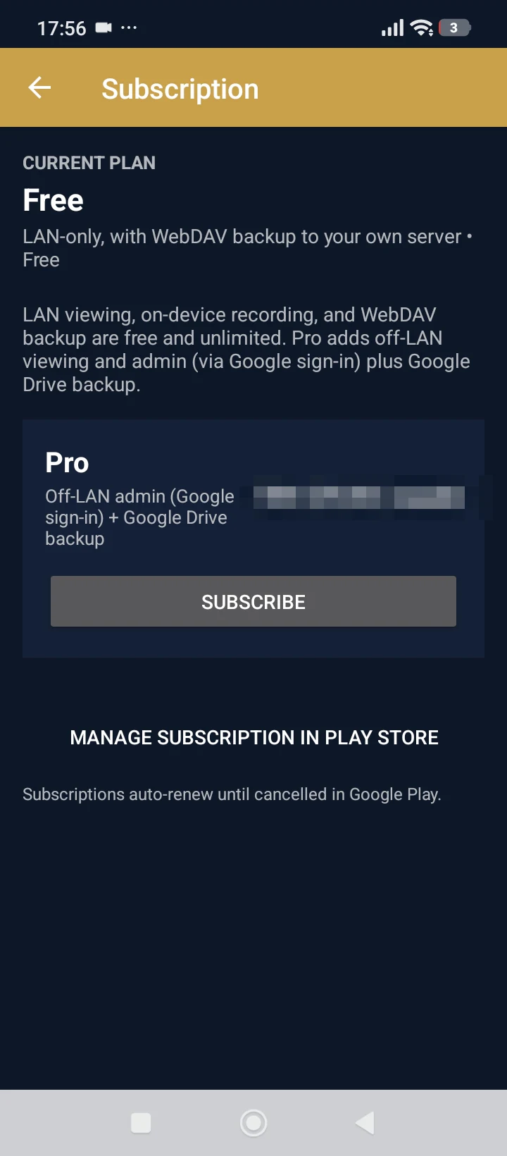 The subscription screen. Pricing is set by Google Play in your local currency, so the amount shown here is blurred.